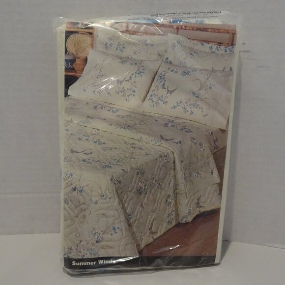 Vintage JC Penney Standard Pillowcases Summer Winds NOS Tan Blue Floral Set 2 - Picture 5 of 6